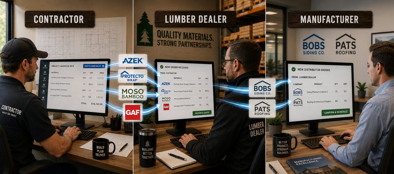 Data flow: contractor to dealer to manufacturer